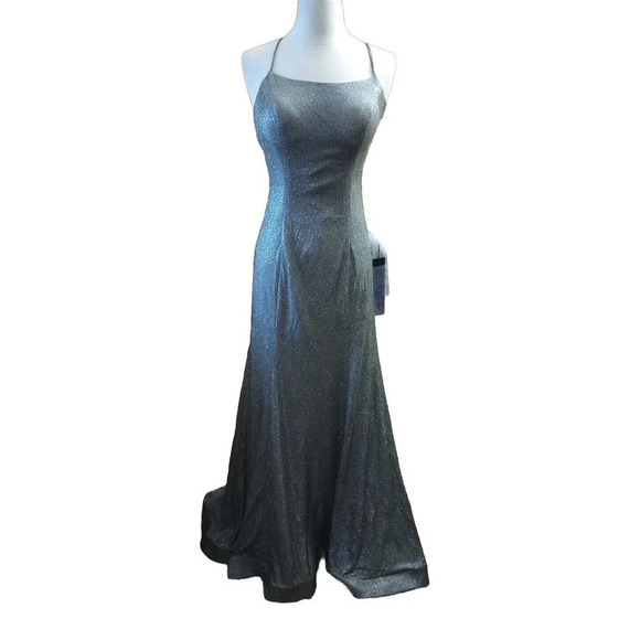 Ieena for Mac Duggal Womens Sz 4 Lace-Up Trumpet Formal Prom Dress Gown Silver - Picture 4 of 11